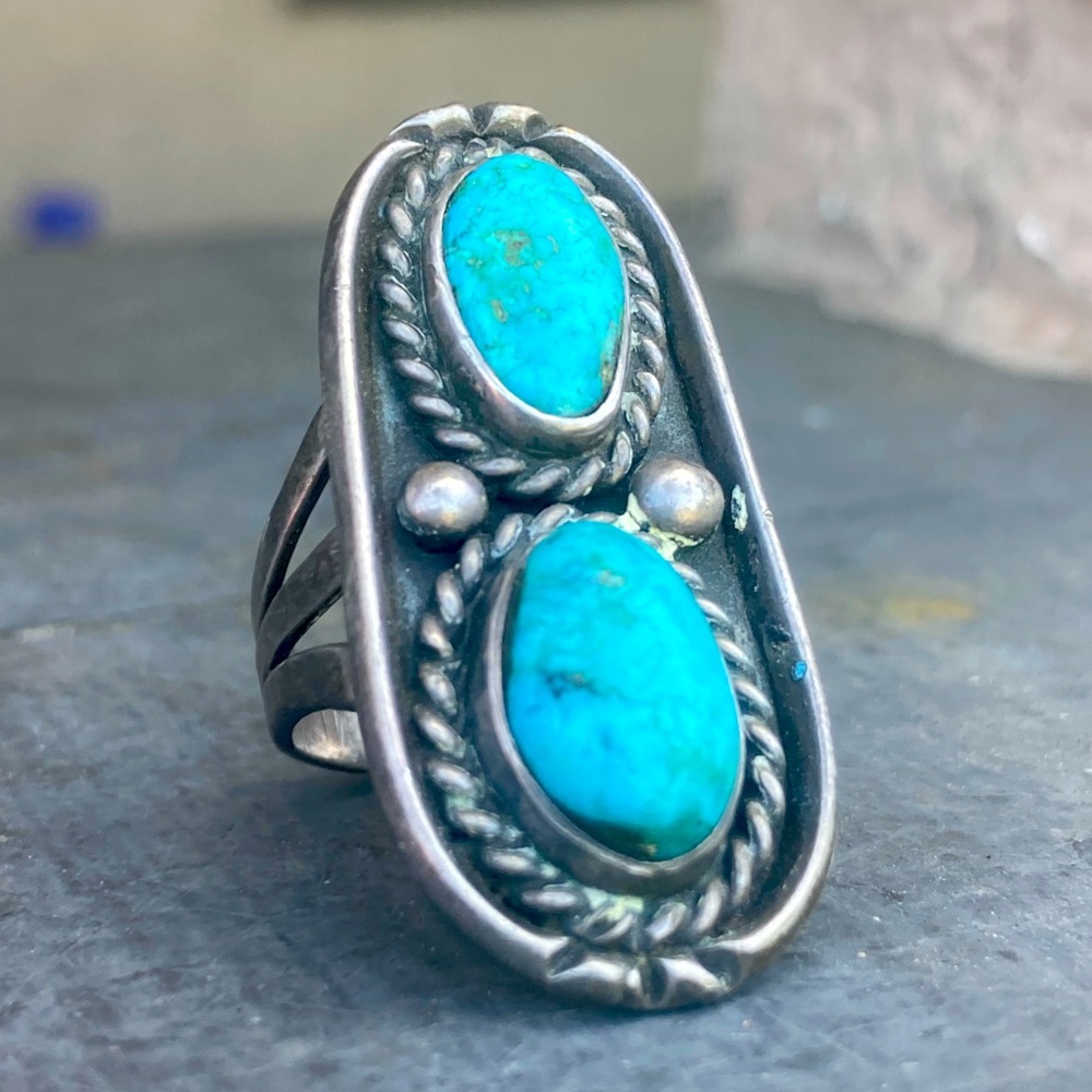 Turquoise Double Stone Sterling Silver Statement Ring